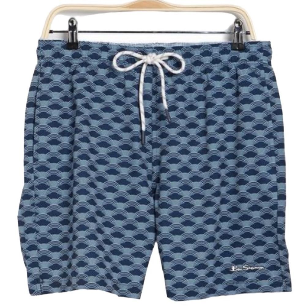 Ben Sherman Classic Fit Wave Print Lined Swim Trunks Shorts Drawstring Quick Dry